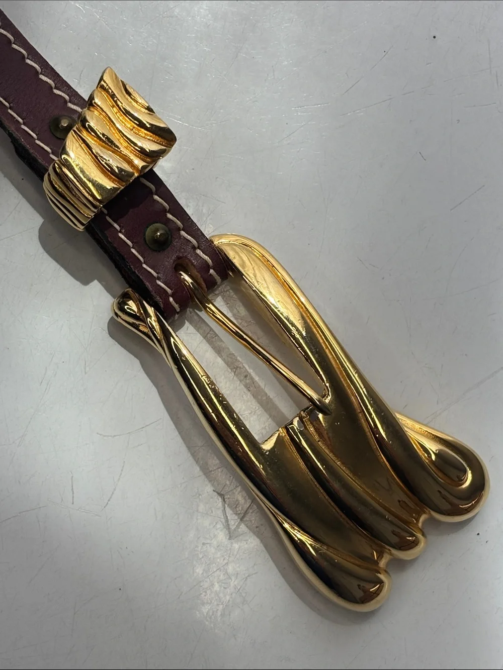 VTG 1983 Calderon Brown Leather Belt with Gold-Tone Sculpted Buckle